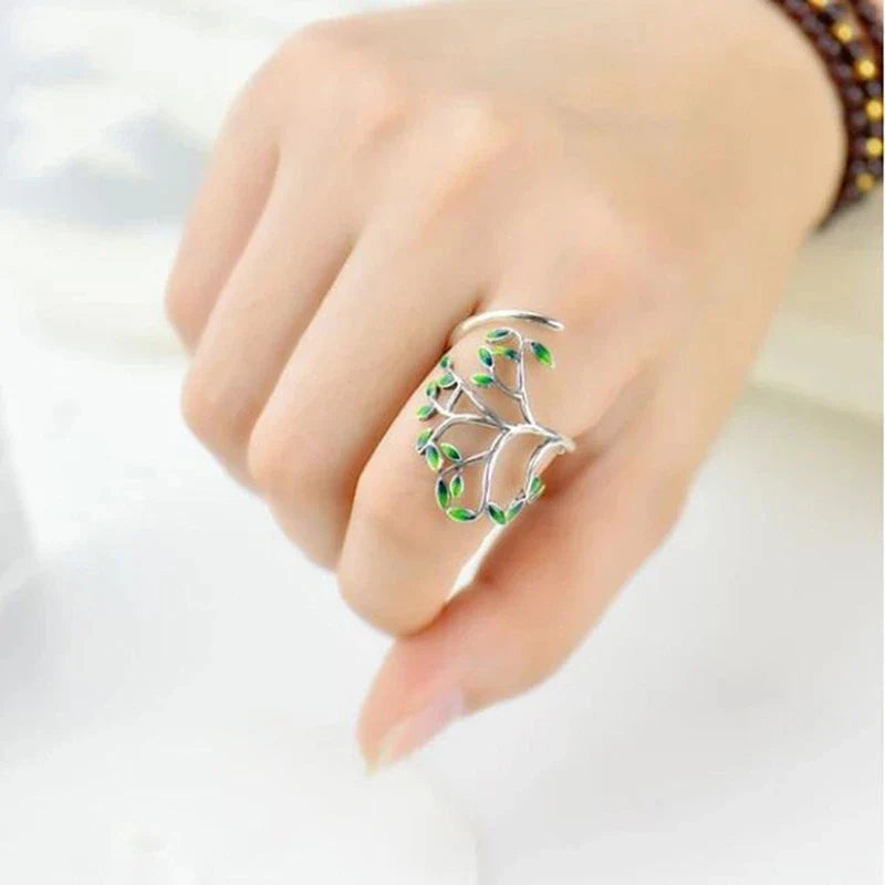 sengpan - Ladies Retro Tree of Life Plant Ring Fashion Personality Drop Oil Leaf Ring Jewelry Anniversary Gift