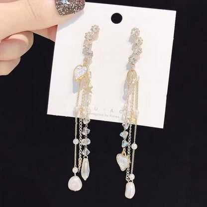 sengpan  gifts for her Trend Simulation Pearl Long Earrings Female Moon Star Flower Rhinestone Wedding Pendant Earrings Fashion Korean Jewelry