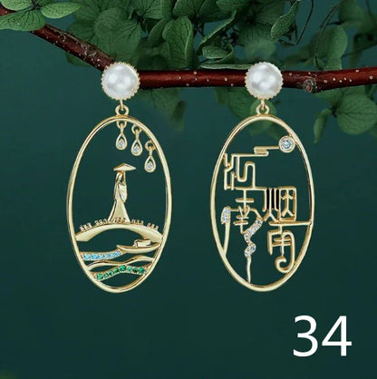 sengpan Chinese Style Pavilion Pearl Drop Earrings Fashion Vintage Dangle Bohemian Earrings for Women Ethnic Party Earrings Jewelry