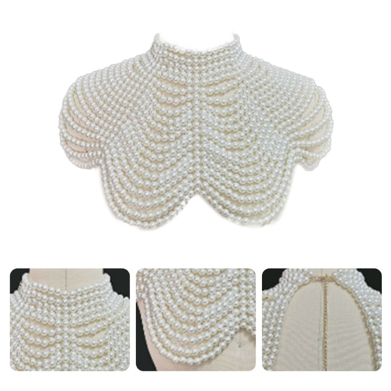 sengpan bridal jewelry set for wedding Women Imitation Pearl Beaded Bib Choker Necklace Body Chain Shawl Collar Jewelry J78E