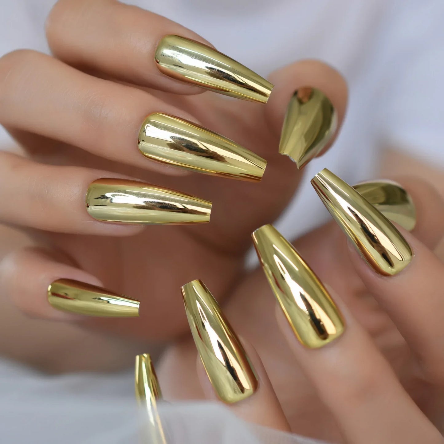 sengpan Metallic Coffin Nail Tips False Nails Long Ballerina Gold Mirror Fake Nails Press On Full Set For Fingernail Decorations