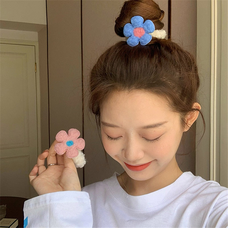 sengpan Winter Colorful Lamb Hair Flower Hair Ring Girl Heart Cute Sweet Hair Accessories Plush Rubber Band for Women Jewelry Gifts