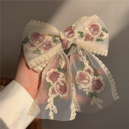 sengpan Retro Geometric Pink Rose Lace Ribbon Hairpin Korean Flower Embroidery Oversized Bow Spring Clip for Women Bridal Wedding