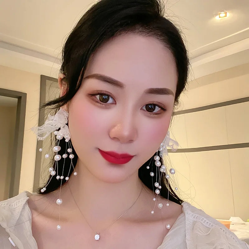 sengpan Trend Exaggerated Trendy Pearl Crystal Lace Bowknot Long Earrings Female Wedding Korean Jewelry