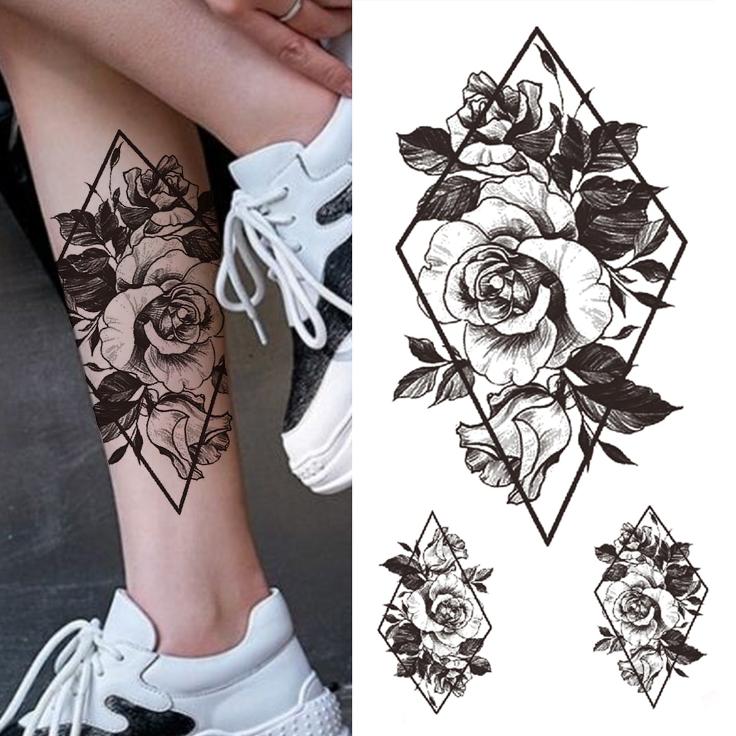 sengpan Black 3D Rose Temporary Tattoo For Women Girls Adult Peony Dahlia Flower Tattoos Sticker Black Flora Glory Geometric Arm Tatoos