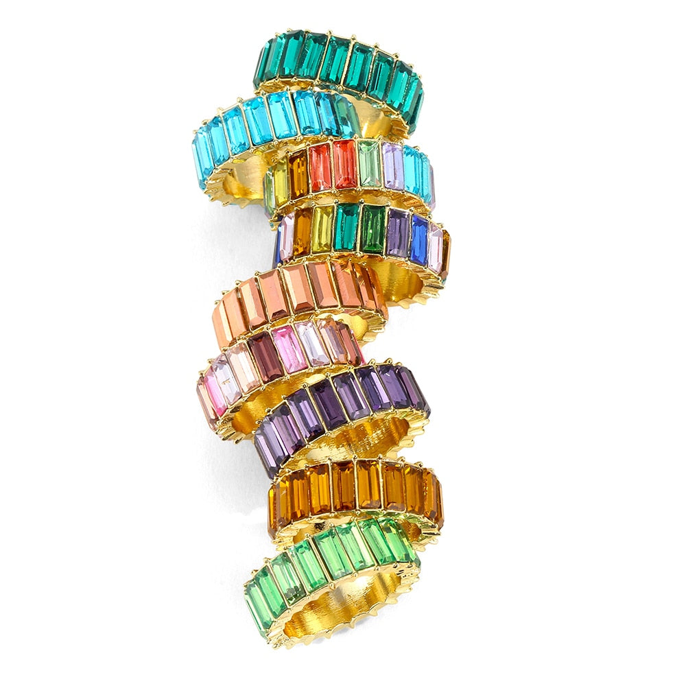 sengpan Dainty Rainbow Ring Multi Color Crystal Eternity Square Baguette Finger Ring Women Female Wedding Jewelry  Wholesale