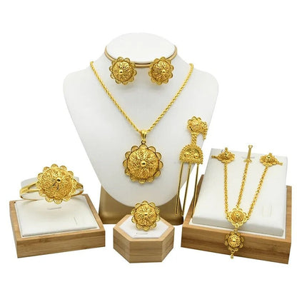 sengpan - Ethiopian Bridal Jewelry Sets 24K Gold Plated Headwear Necklace Earrings Bracelet Ring Nigerian Wedding Jewellery Set For Women