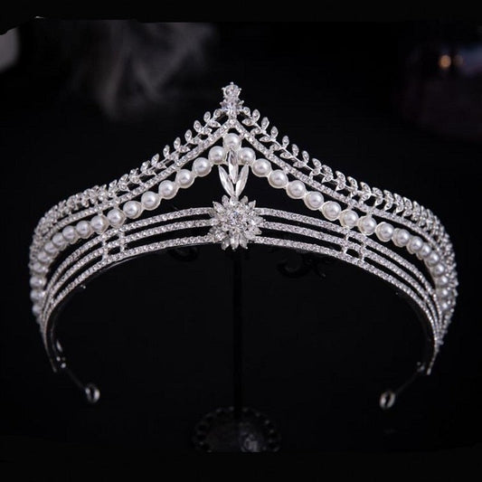 sengpan bridal jewelry set for wedding Luxury Silver Color Crystal Pearl Leaf Bridal Tiaras Crown Geometric Rhinestone Pageant Diadem Wedding Hair Accessories