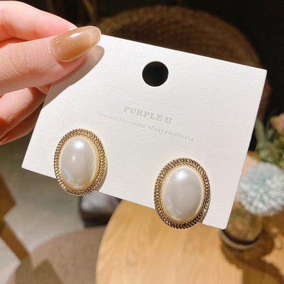 sengpan Christmas wishlist New Trendy Korean Oversized Gray Pearl Drop Earrings for Women Classic Golden Round Crystal Wedding Earrings Jewelry Gift Party