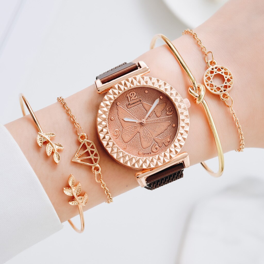 sengpan christmas wishlist valentines day gifts hot sale new Fashion 5pcs Set Bracelet Watch For Women Magnetic Buckle Butterfly Pattern Elegant Pink Ladies Wrist Watch Set Relogio Feminino