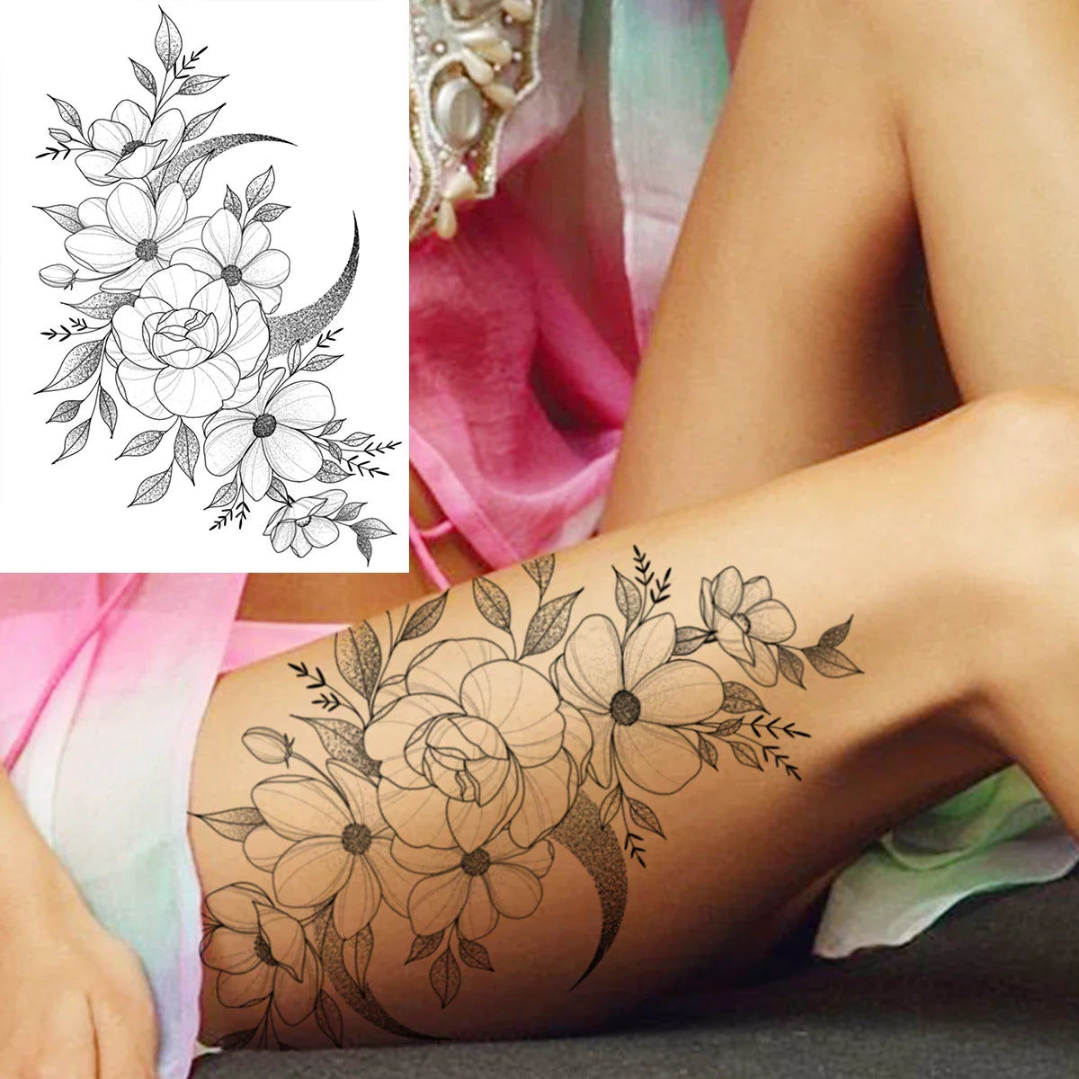 sengpan Sexy Flower Temporary Tattoos For Women Body Art Painting Arm Legs Tattoos Sticker Realistic Fake Black Rose Waterproof Tattoos