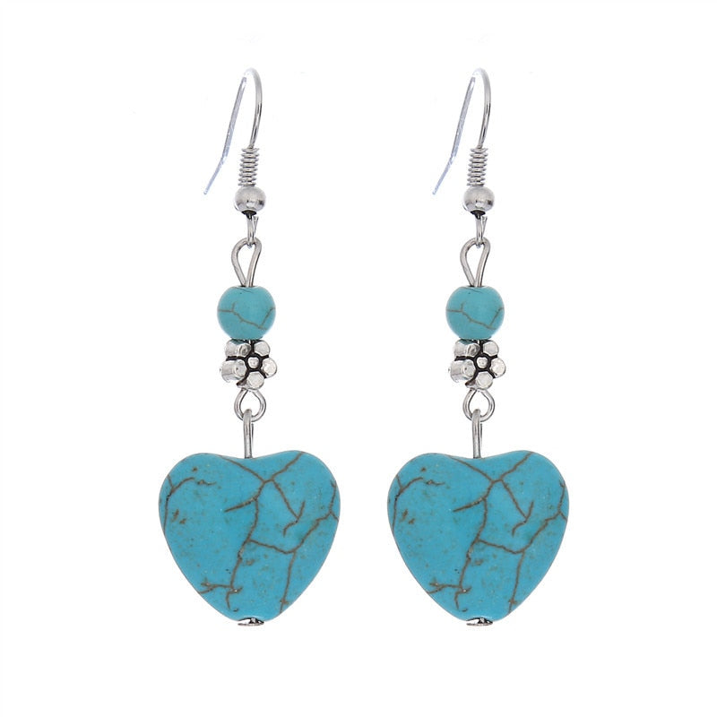 sengpan Disaster Prevention Jewelry Women Drop Earrings Jewelry Retro Simple Heart Shape Engraving Stone Turquoised Earrings Features Texture Stone Earring