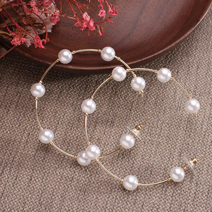 Lianfudai New white boho imitation pearl round circle hoop earrings female gold color big earrings korean jewelry statement earrings