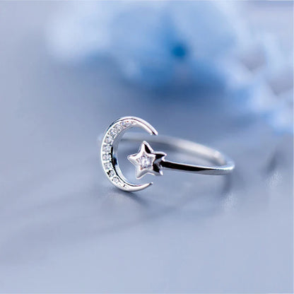 sengpan  Silver Minimalist Zircon Moon Star Opening Ring For Charming Women Party Fine Jewelry Cute  Gift