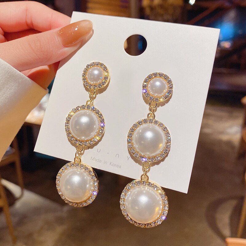 sengpan Christmas wishlist New Trendy Korean Oversized Gray Pearl Drop Earrings for Women Classic Golden Round Crystal Wedding Earrings Jewelry Gift Party