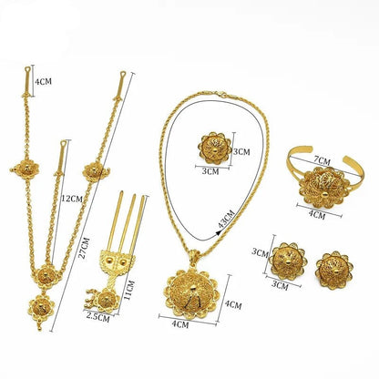 sengpan - Ethiopian Bridal Jewelry Sets 24K Gold Plated Headwear Necklace Earrings Bracelet Ring Nigerian Wedding Jewellery Set For Women