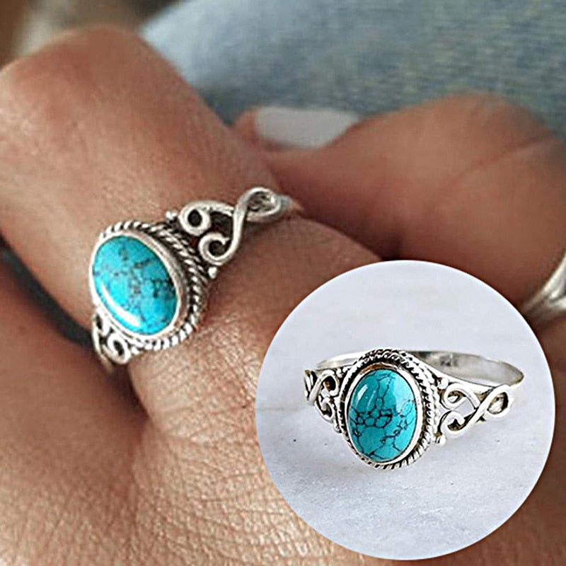 sengpan Disaster Prevention Jewelry Vintage Antique Natural Stone Ring Fashion Jewelry Gift Blue turquoises Finger Ring For Women Wedding Anniversary Rings