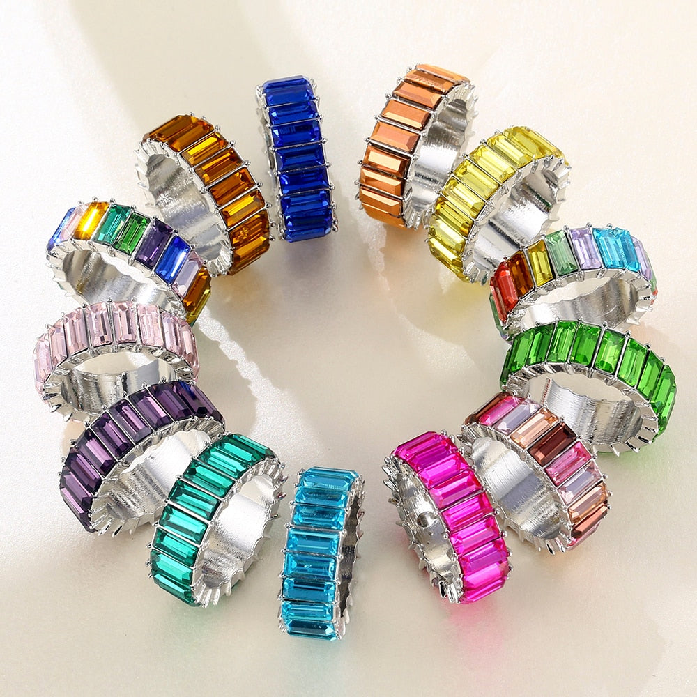 sengpan Dainty Rainbow Ring Multi Color Crystal Eternity Square Baguette Finger Ring Women Female Wedding Jewelry  Wholesale