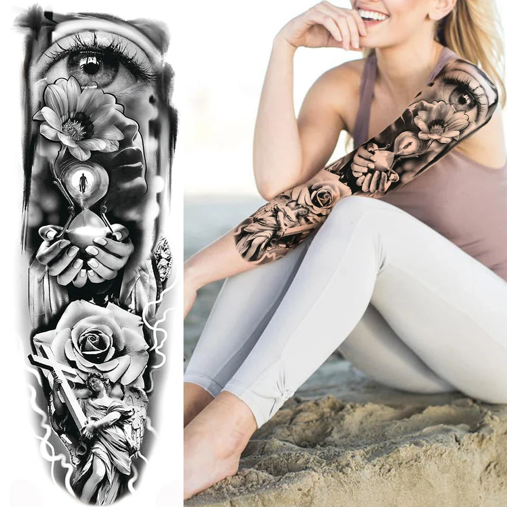 sengpan Sexy Full Arm Temporary Tattoos Sticker For Women Men Adult Gun Nun Vines Realistic Fake Tattoo Sleeves Large Tatoos Paste