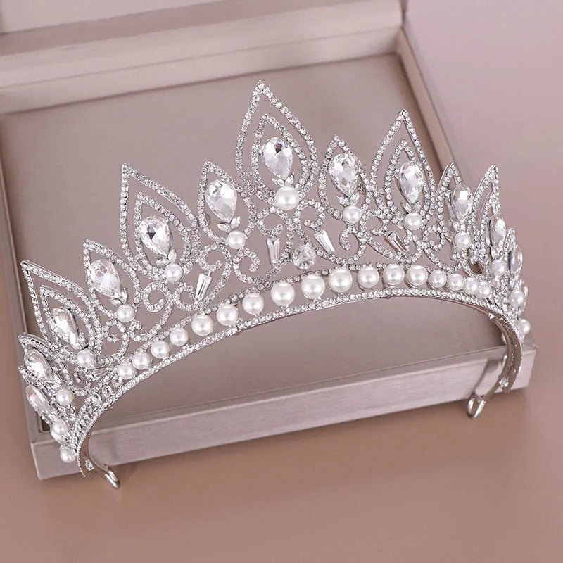 sengpan Baroque Luxury Drop Shape Crystal Crown Princess Birthday Party Imitation Pearl Tiaras Headwear Bridal Wedding Hair Accesories