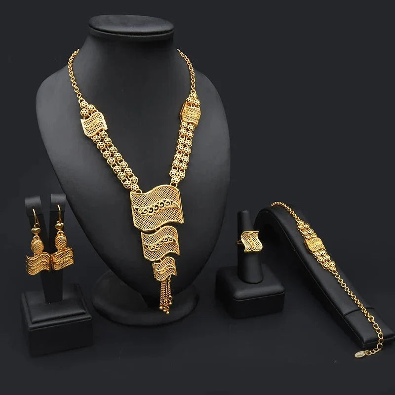 sengpan - Dubai Big Necklace Jewelry Set For Women Wedding Rings African Bracelet Bridal Gold Earrings Ethiopian 24K Moroccan Arabe