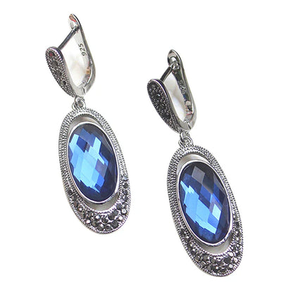 sengpan Oval Crystal Earrings With Blue Stone Retro Style Ear Drop Black Rhinestone Vintage Jewelry Wholesale