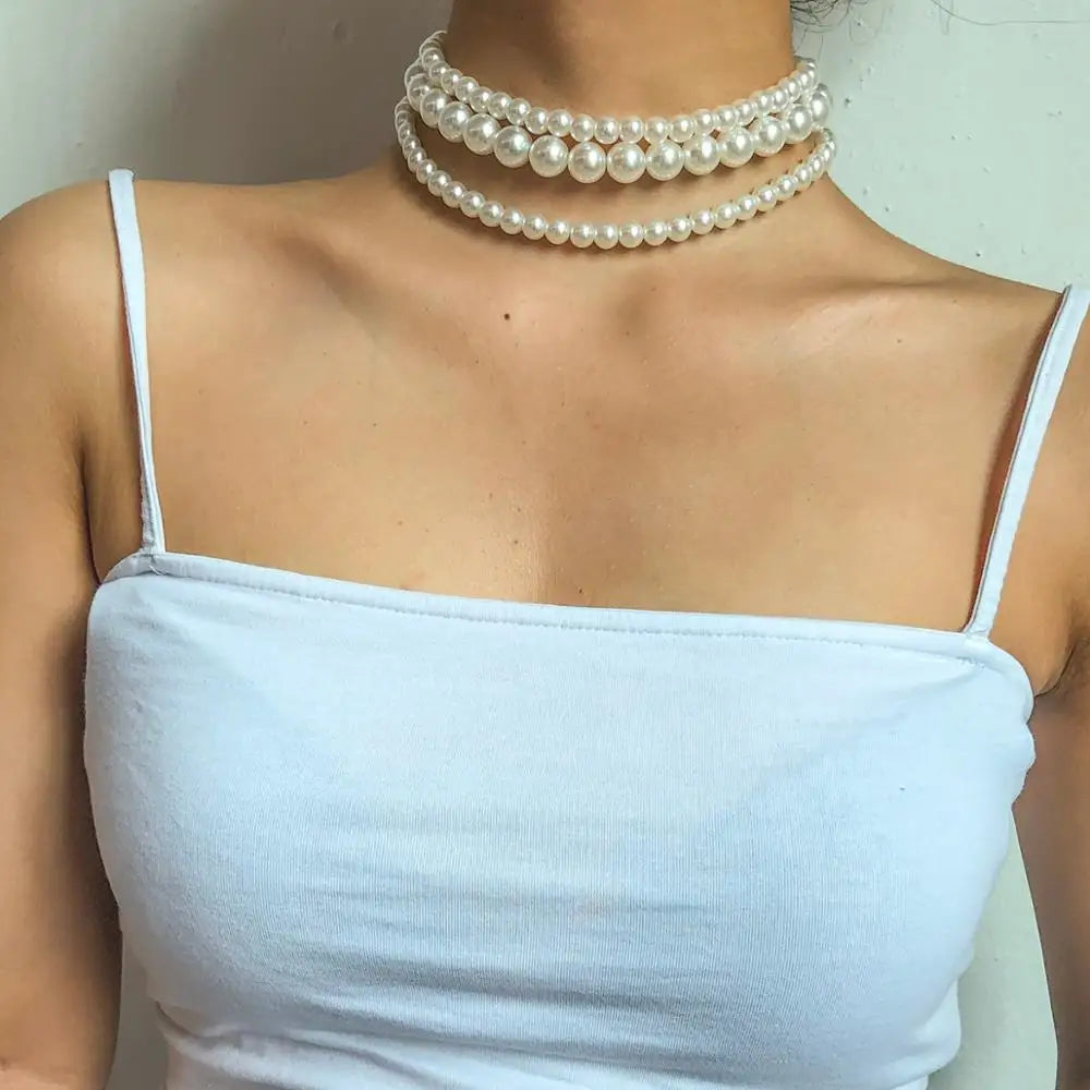 sengpan Multi-Layer White Imitation Pearl Necklace Bead  Chain Punk Ladies Wedding Short Clavicle Necklac Girl Charm Banquet Jewelry