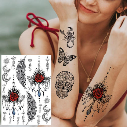 sengpan western jewelry for women Black Henna Lace Temporary Tattoos Sticker For WOmen Butterfly Moth Mehndi Flower Fake Tatoo Sticker Feather Flora Tatoo