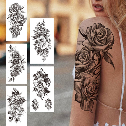 sengpan Black 3D Rose Temporary Tattoo For Women Girls Adult Peony Dahlia Flower Tattoos Sticker Black Flora Glory Geometric Arm Tatoos