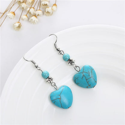 sengpan Disaster Prevention Jewelry Women Drop Earrings Jewelry Retro Simple Heart Shape Engraving Stone Turquoised Earrings Features Texture Stone Earring