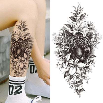 sengpan Black 3D Rose Temporary Tattoo For Women Girls Adult Peony Dahlia Flower Tattoos Sticker Black Flora Glory Geometric Arm Tatoos