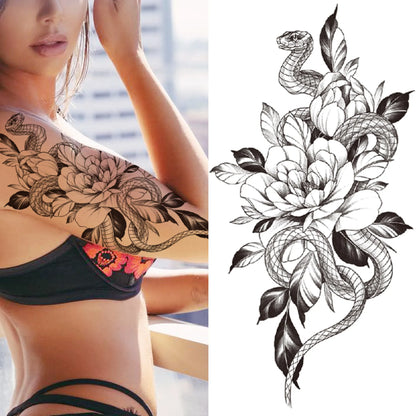 sengpan Death Skull Flower Temporary Tattoo For Women Girls Snake Bird Peony Tattoo Sticker Black Fake Blossom Sexy Tatoo Transfer Adult