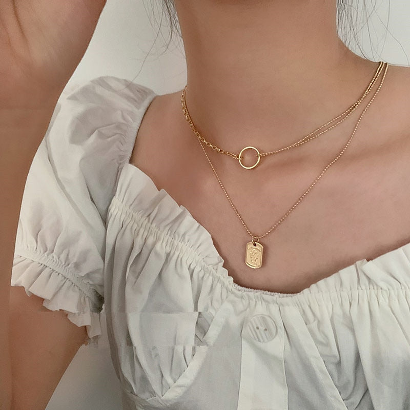 sengpan New Korean Fashion Minimalist Retro Gold Coin Geometric Necklace Hip-Hop Niche Collar Chain for Women Jewelry