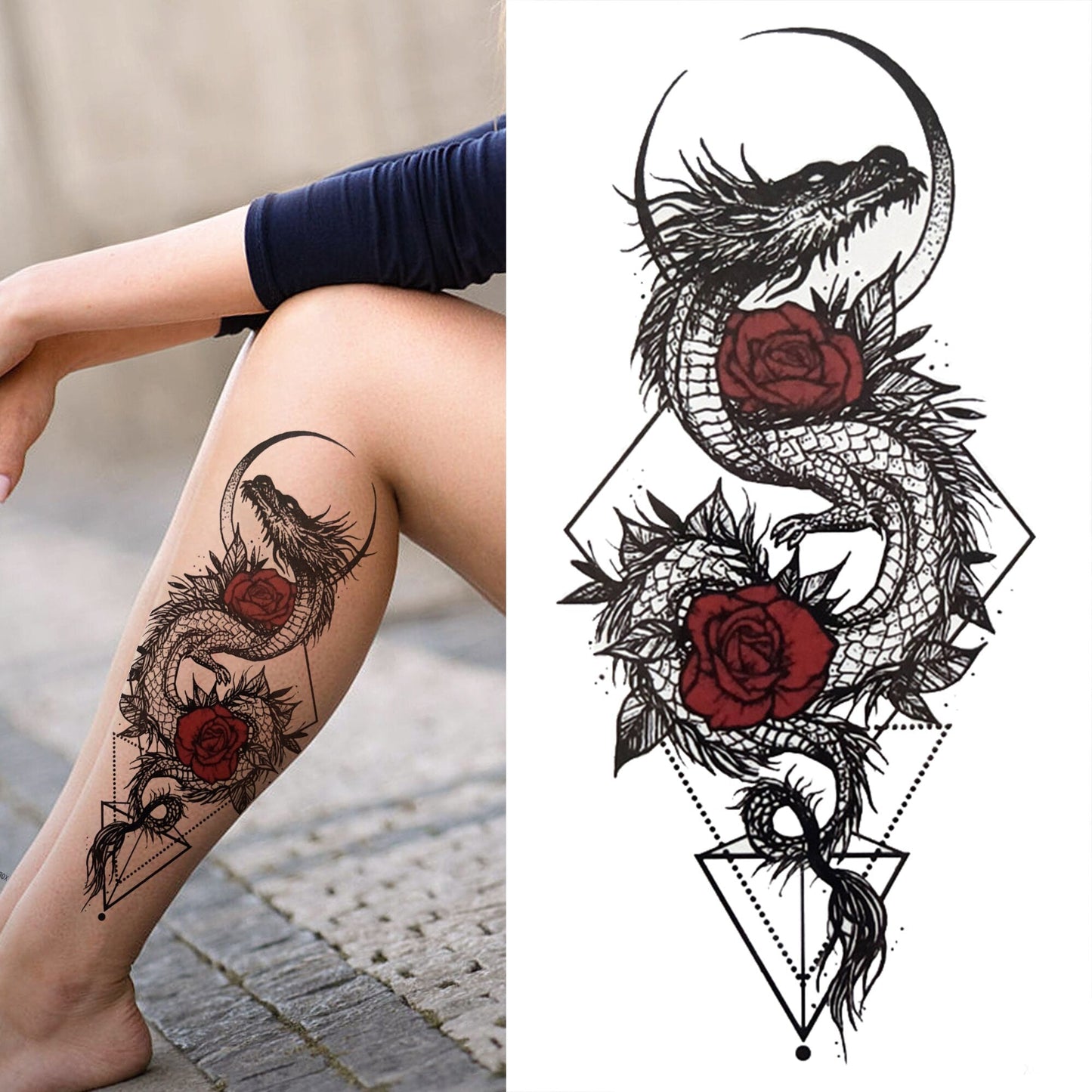 sengpan Black 3D Rose Temporary Tattoo For Women Girls Adult Peony Dahlia Flower Tattoos Sticker Black Flora Glory Geometric Arm Tatoos