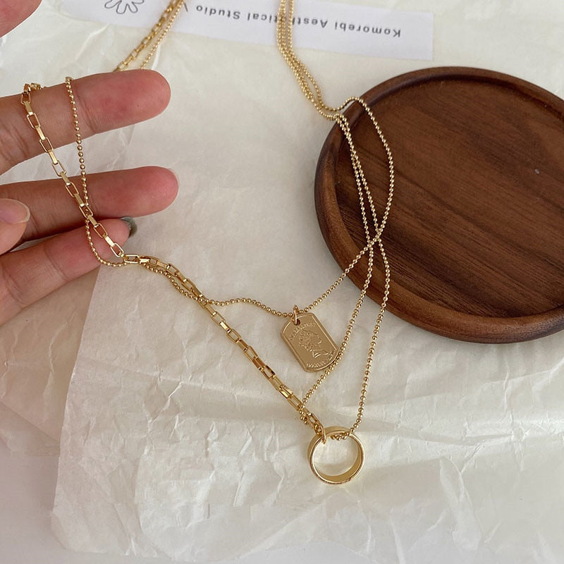 sengpan New Korean Fashion Minimalist Retro Gold Coin Geometric Necklace Hip-Hop Niche Collar Chain for Women Jewelry