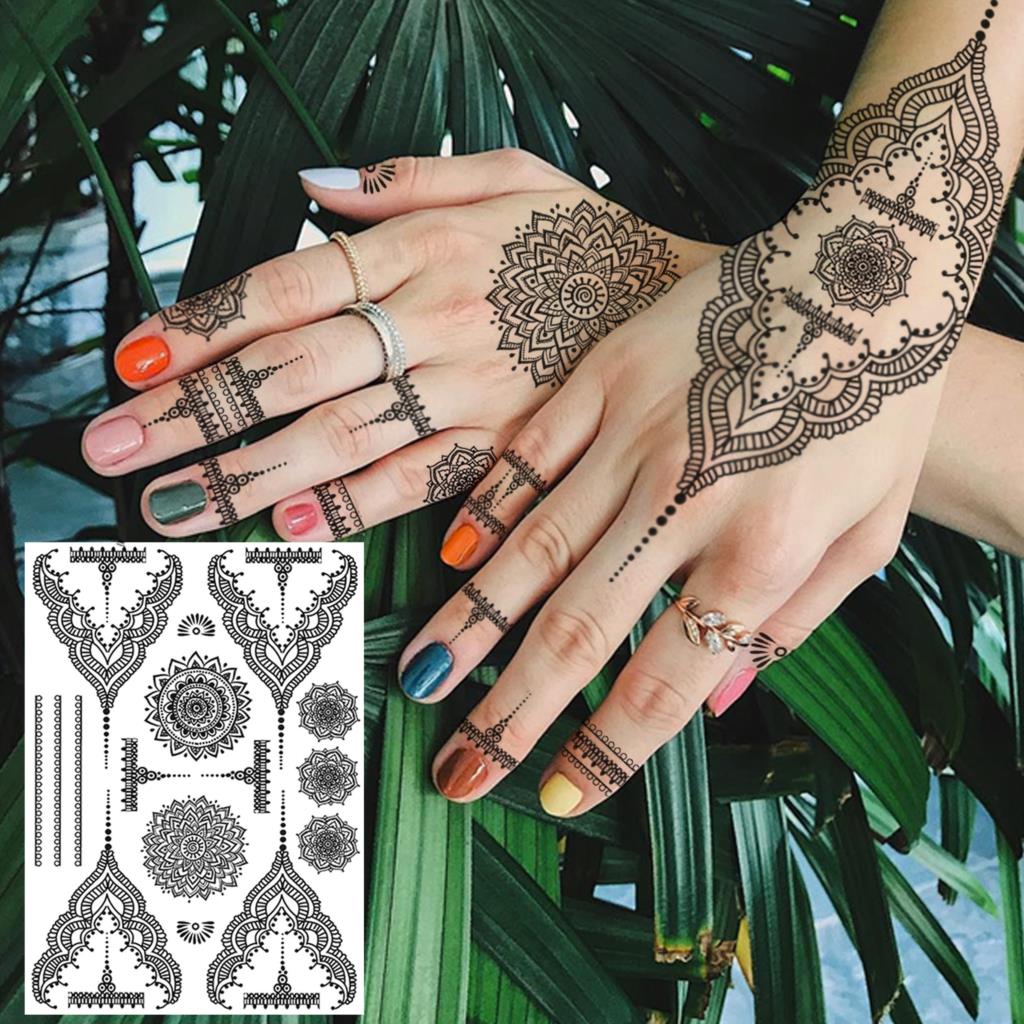 sengpan western jewelry for women Black Henna Lace Temporary Tattoos Sticker For WOmen Butterfly Moth Mehndi Flower Fake Tatoo Sticker Feather Flora Tatoo