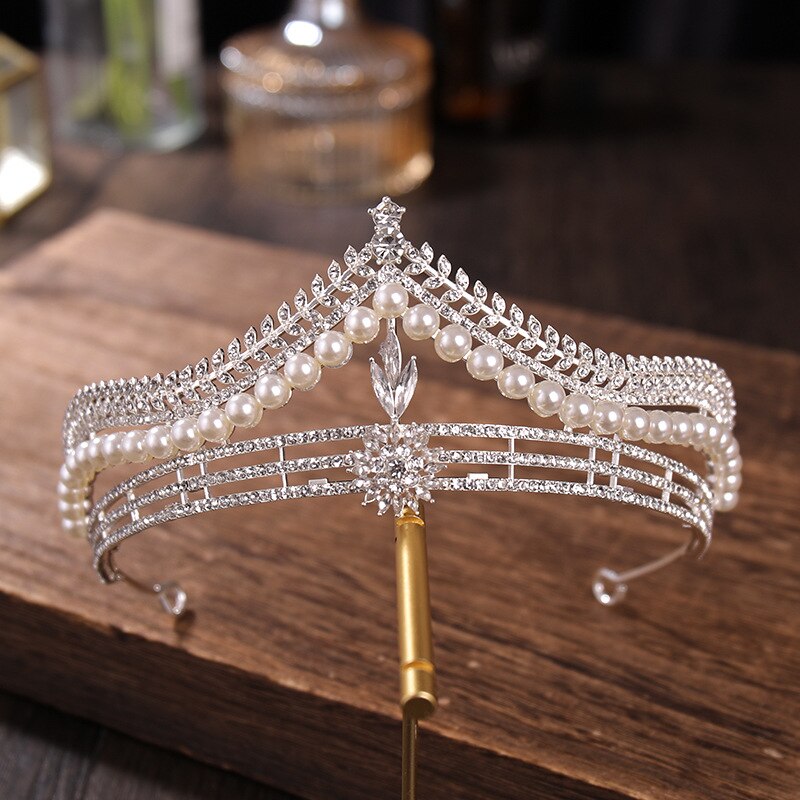 sengpan bridal jewelry set for wedding Luxury Silver Color Crystal Pearl Leaf Bridal Tiaras Crown Geometric Rhinestone Pageant Diadem Wedding Hair Accessories