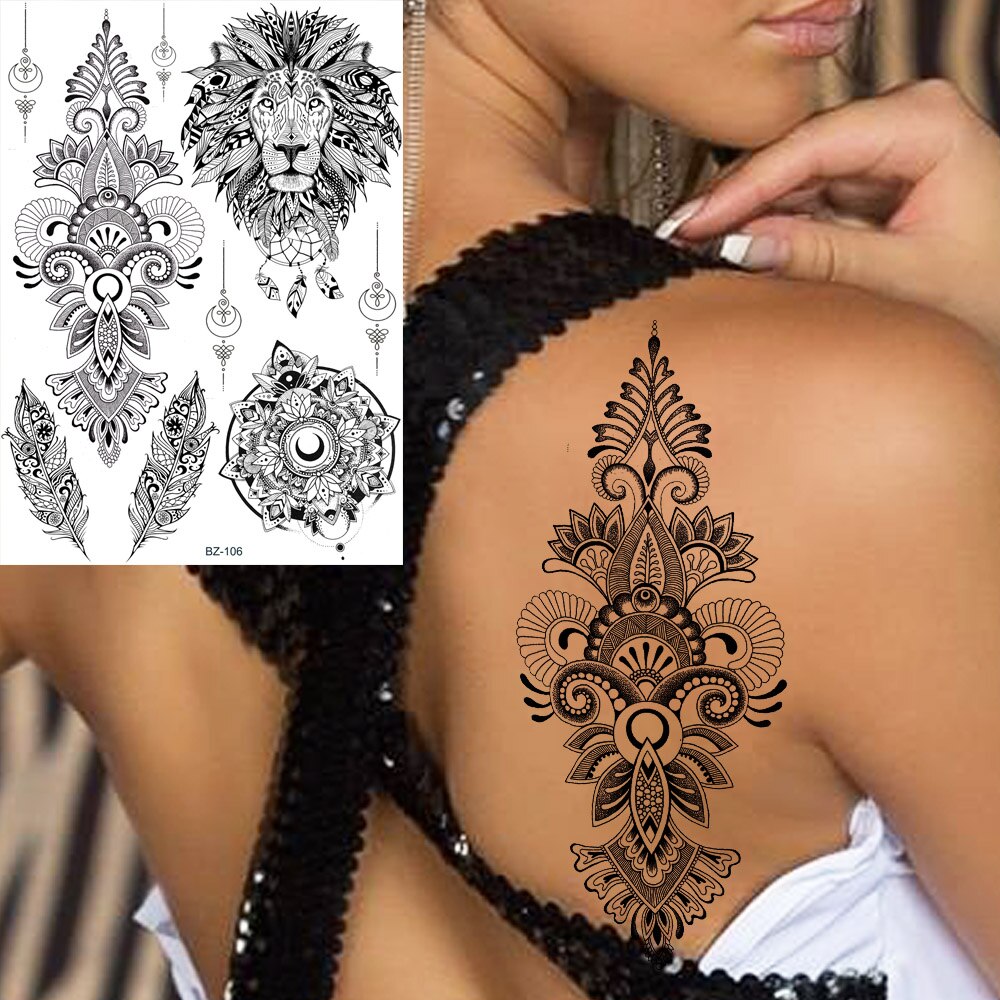 sengpan western jewelry for women Black Henna Lace Temporary Tattoos Sticker For WOmen Butterfly Moth Mehndi Flower Fake Tatoo Sticker Feather Flora Tatoo