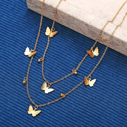 sengpan Christmas gifts ideas New Hot Sale Fashion Butterfly Pendant Necklace Alloy Double-Layer Clavicle Chain Butterfly Dangle Necklace Female Jewelry Gift