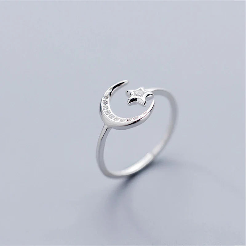 sengpan  Silver Minimalist Zircon Moon Star Opening Ring For Charming Women Party Fine Jewelry Cute  Gift