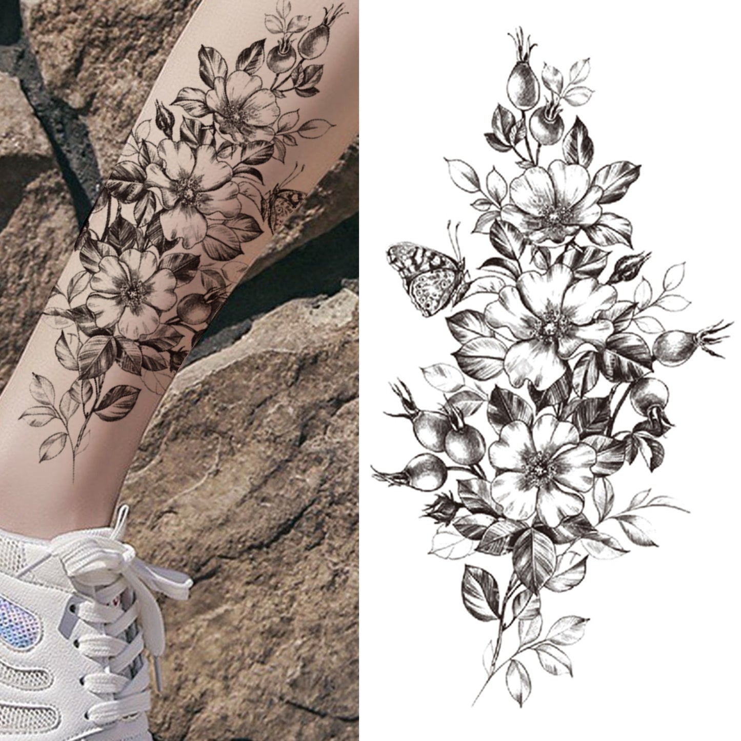 sengpan Black 3D Rose Temporary Tattoo For Women Girls Adult Peony Dahlia Flower Tattoos Sticker Black Flora Glory Geometric Arm Tatoos