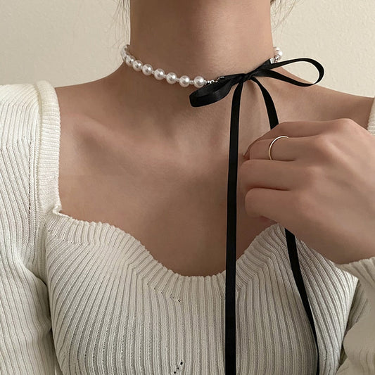 sengpan Sweet Black Velvet BowAdjustable Pearl Strap Bow Necklace Various Wearing Style Clavicle Chain Collar for Women Jewelry