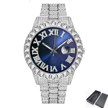 sengpan Disaster Prevention Jewelry Iced Out Watch Men Hip Hop Luxury Fully Bling Diamond Quartz Mens Watches Blue Face Waterproof AAA CZ Relojes