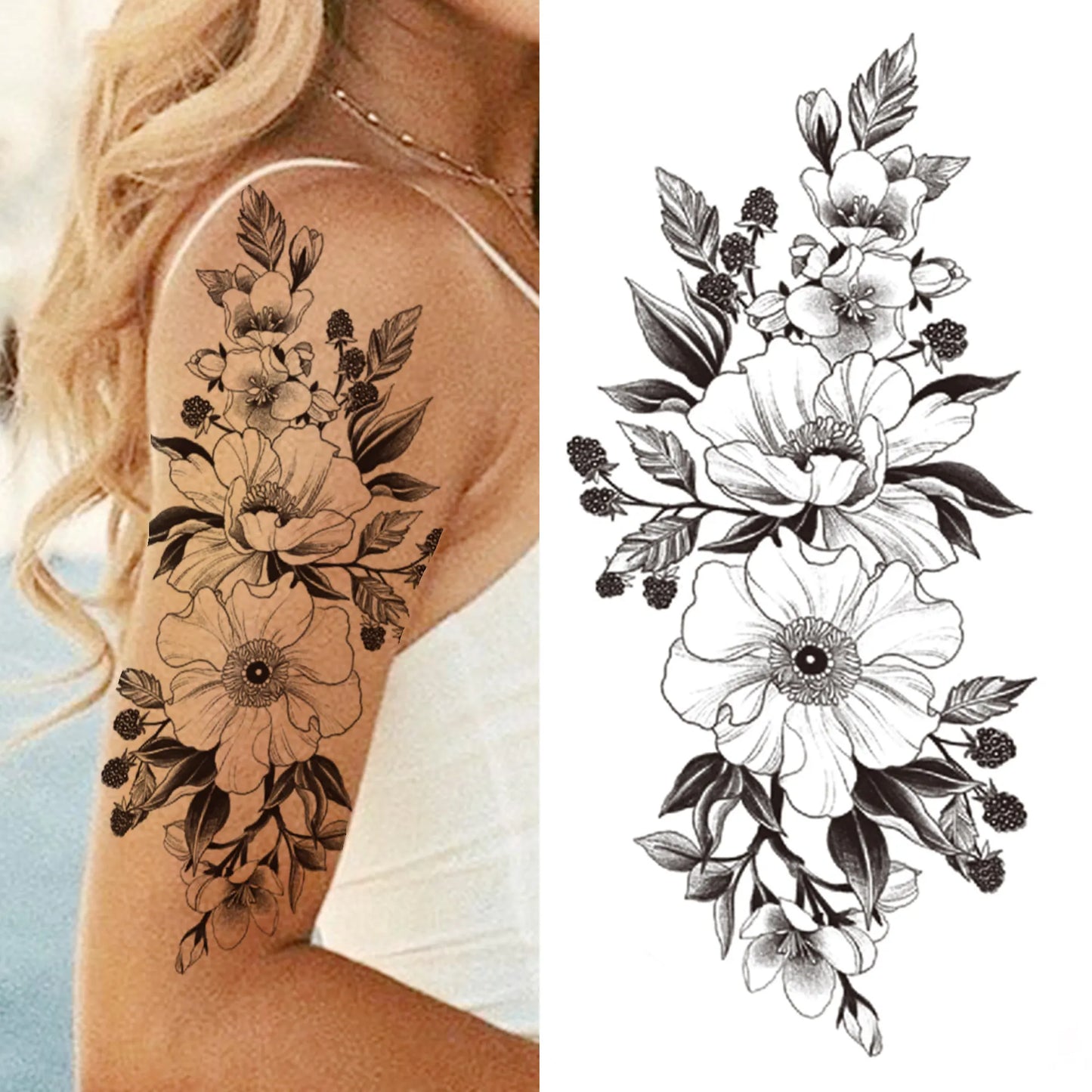 sengpan Death Skull Flower Temporary Tattoo For Women Girls Snake Bird Peony Tattoo Sticker Black Fake Blossom Sexy Tatoo Transfer Adult