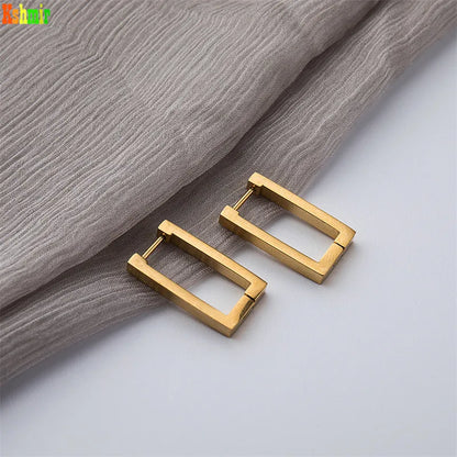 Lianfudai  Stainless Steel Geometric Earrings Rectangular metal Hoop earrings for Women New trendy jewelry Gift