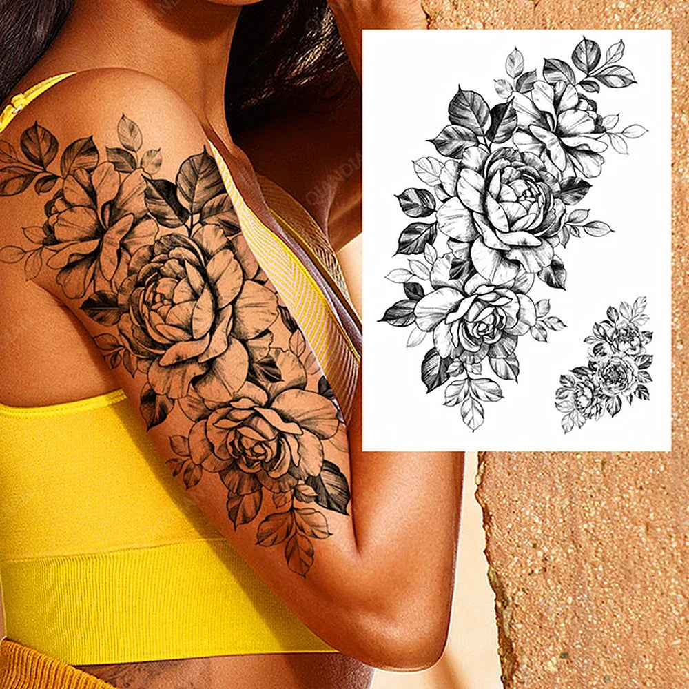 sengpan Black Flower Rose Waterproof Temporary Bird Snake Sexy Body Arm Leg Gem Henna Tattoo Fashion Big Fake Sleeve Sticker