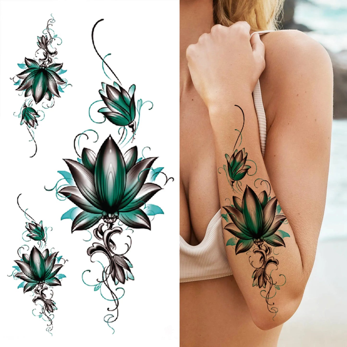 sengpan Death Skull Flower Temporary Tattoo For Women Girls Snake Bird Peony Tattoo Sticker Black Fake Blossom Sexy Tatoo Transfer Adult