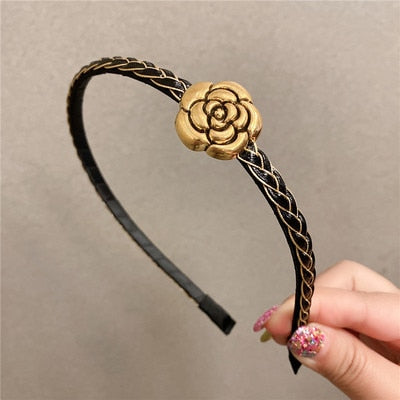 sengpan Slim Narrow Headband For Women Girl PU Leather Chains 5 Simple Camellia Hair Band Accessories Korean New Wholesale Office Gift