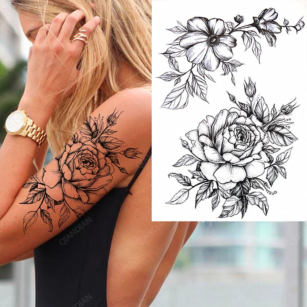 sengpan Black Flower Rose Waterproof Temporary Bird Snake Sexy Body Arm Leg Gem Henna Tattoo Fashion Big Fake Sleeve Sticker