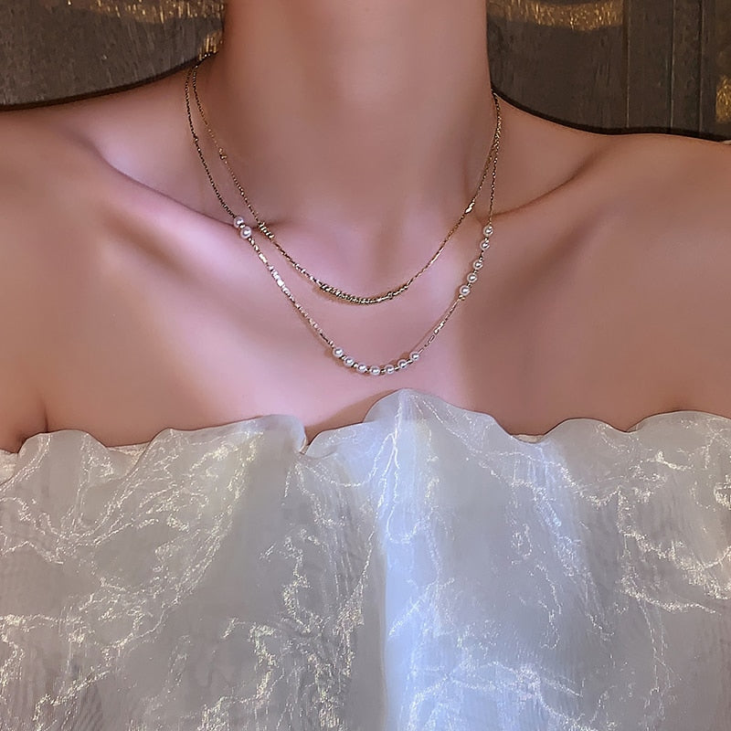 sengpan gifts for women Imitation pearl necklace female new super fairy double layered clavicle chain light luxury